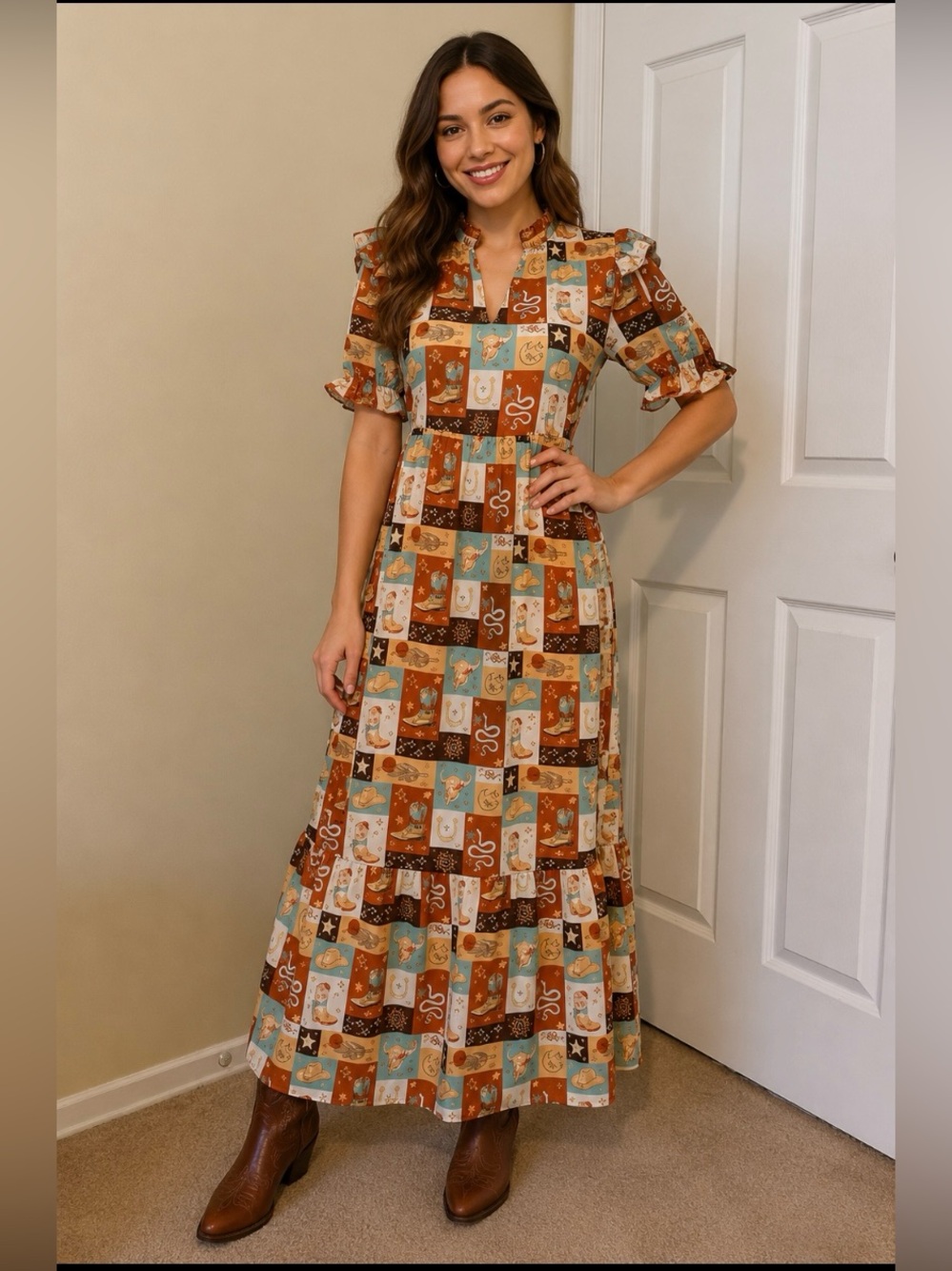 Simply Southern Patchwork Maxi Dress in Rust, Teal & Cream